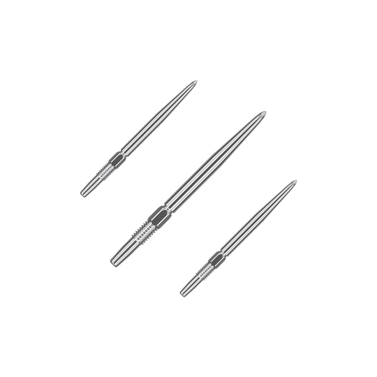 Końcówki do lotek Target Swiss Point Silver Das Bild zeigt drei silberne Dartspitzen, die nebeneinander liegen. Sie sind lang und schmal mit gerillten Griffbereichen.