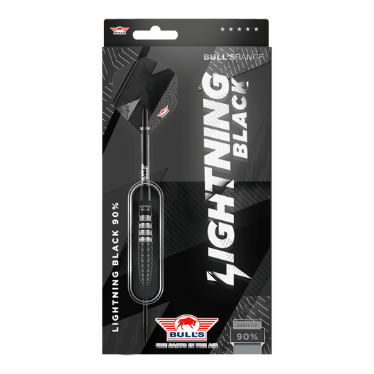 Bulls NL Lightning Black Steeldarts Das Bild zeigt die Verpackung der "Bulls NL Lightning Black Steeldarts". Die Darts haben ein schwarzes Design und bestehen zu 90% aus Tungsten.
