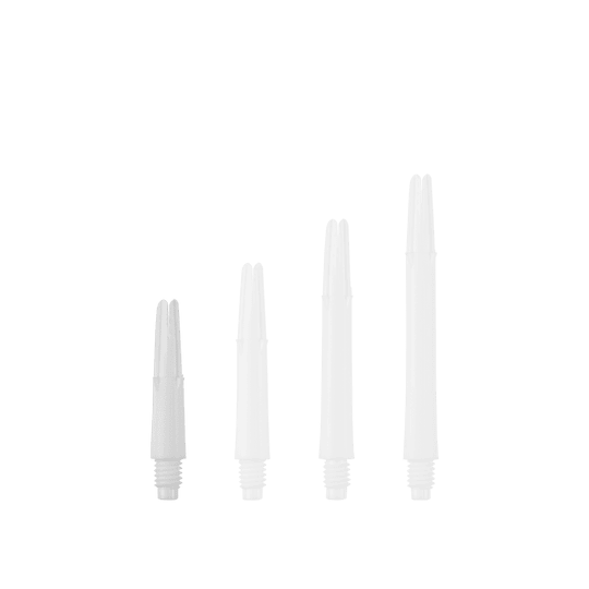 L-L-Style-Shafts Locked Straight - White Auf dem Bild sind vier weiße, gerade Dartschäfte in unterschiedlichen Längen zu sehen. Sie stehen nebeneinander aufrecht vor einem einfarbigen Hintergrund.