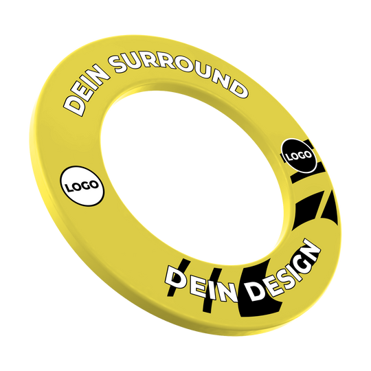Dartboard Surround mit Deinem Design Das Bild zeigt ein Produkt namens MSF-Gelb_Dartboard_Surround_Wunschdruck_Gelb_1. Es handelt sich um einen gelben Dartboard-Surround mit individuellem Druck.