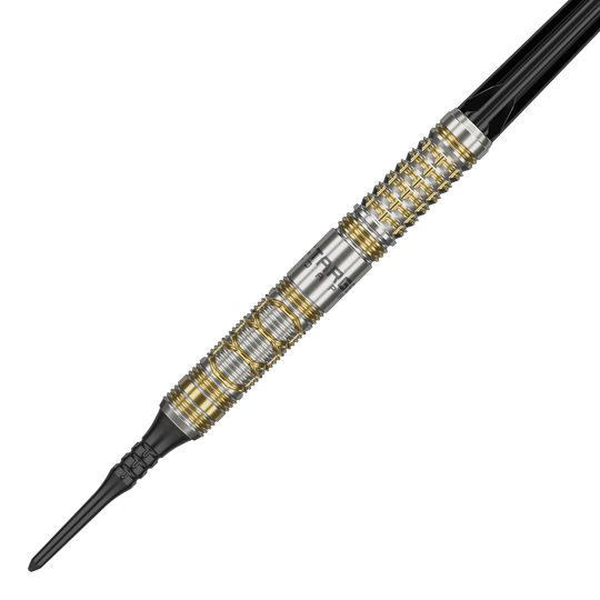 Dardos blandos Target Japan Black Marque Reyn GEN2 - 17,5 g Das Bild zeigt den Softdart "Target Japan Black Marque Reyn GEN2" mit einem Gewicht von 17,5 g. Der Dartpfeil hat ein silbernes Design mit goldenen Akzenten und einer schwarzen Spitze.