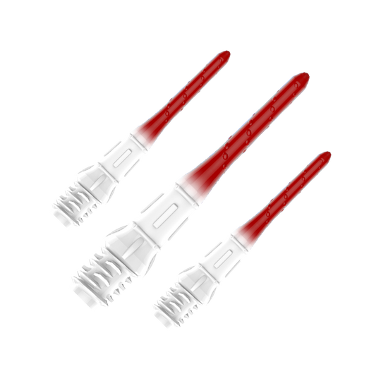 Das Bild zeigt drei hochwertige Dartspitzen mit einem Farbverlauf von Weiß zu Rot. Die Spitzen sind ordentlich nebeneinander angeordnet und haben eine glänzende Oberfläche.