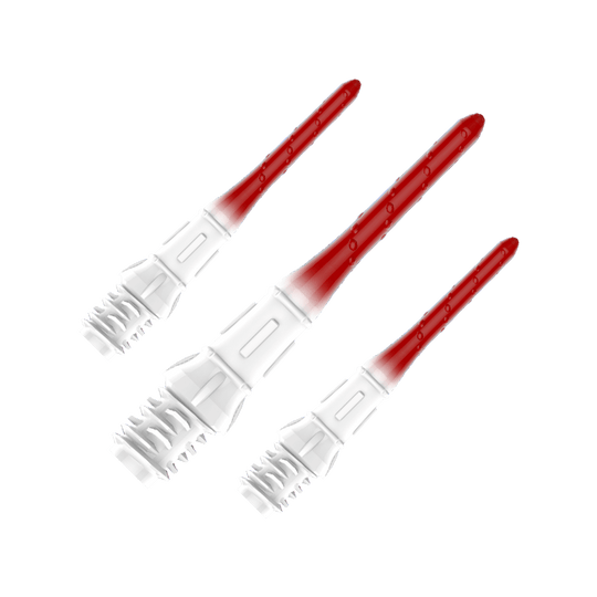 Embouts de lèvres dégradés L-Style Premium (paquet de 30) Das Bild zeigt drei hochwertige Dartspitzen mit einem Farbverlauf von Weiß zu Rot. Die Spitzen sind ordentlich nebeneinander angeordnet und haben eine glänzende Oberfläche.