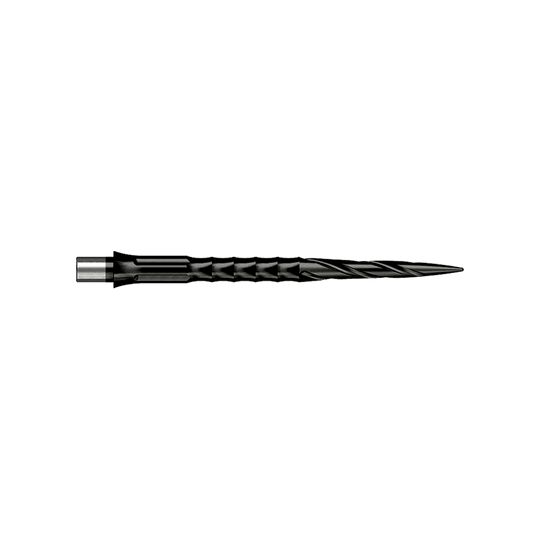 Hier sieht man eine Steeldartspitze des Caliburn Evo Systems, Modell Spiro NoLip Black, 36mm. Die Spitze ist schwarz und länger als die 32mm Variante.