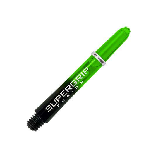 HR339_Harrows_Supergrip_Fusion_Shafts_Gr-n_33mm_29F1JCwnnLnDvV Das Bild zeigt einen grünen Harrows Supergrip Fusion Shaft. Auf dem Schaft steht der Schriftzug "Supergrip Fusion" in weißer Farbe.