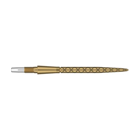 Target Swiss Storm Diamond Point Dartspitzen - Gold Auf dem Bild ist eine goldene Dartspitze mit Diamantmuster zu sehen. Die Spitze ist lang und hat am hinteren Ende einen silbernen Schraubaufsatz.