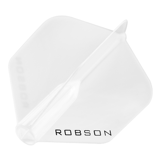 Robson Plus Standard Flights Das Bild zeigt einen transparenten Dartflight mit der Aufschrift "ROBSON". Der Flight hat eine standardmäßige, sechseckige Form.