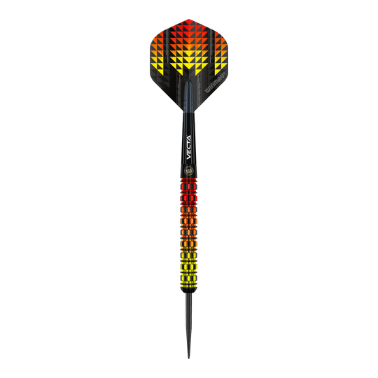 Dardos de acero paralelos de llamas de tormenta de fuego Winmau Der Winmau Firestorm Flame Parallel Steeldart hat ein auffälliges Design in Flammenfarben mit gelben, orangefarbenen und roten Akzenten. Der Schaft und Flight sind schwarz mit geometrischen Mustern, die an Feuer erinnern.