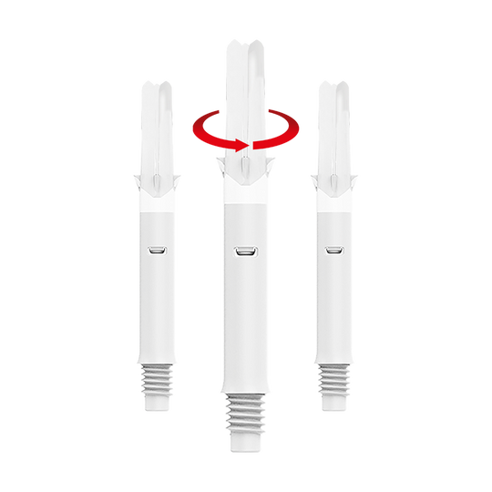 Wałki L-L-Style-Shafts Silent Straight - białe Das Bild zeigt drei weiße Dartschäfte ohne Kappen in unterschiedlicher Länge. Über dem mittleren Schaft ist ein roter Pfeil, der auf eine Drehbewegung hinweist.