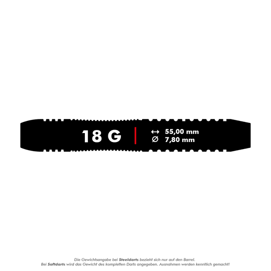 Šipky Target Rob Cross Brass Soft - 18g Das Bild zeigt die technischen Daten des Produkts "Target Rob Cross Brass Softdarts - 18g". Der Dart wiegt 18 Gramm, ist 55,00 mm lang und hat einen Durchmesser von 7,80 mm.