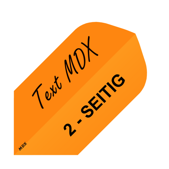 MD-454_2-Seitig_Bedruckte_Flights_Wunschtext_MDX_Orange_Slim_1 Das Bild zeigt ein orangefarbenes Quadrat mit dem Text "Text MDX" und "2-SEITIG" darauf. Es steht für das Produkt "10 Satz Bedruckte Flights 2-Seitig - Wunschtext - MDX Slim".