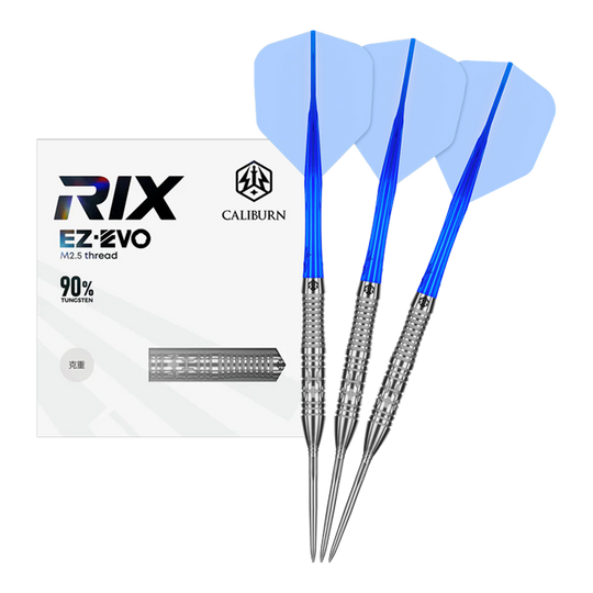 Dardos de acero Caliburn Rix EZ-EVO R2 Hier wird das Produkt Caliburn Rix EZ-EVO R2 Steeldarts vollständig präsentiert. Die Darts sind komplett zu sehen.