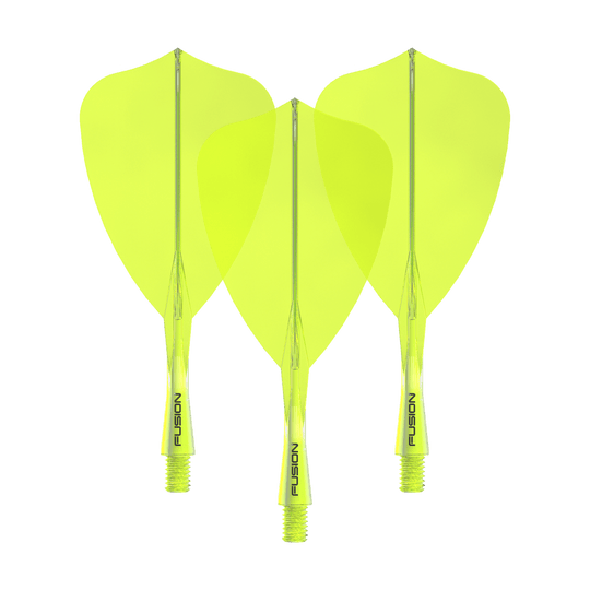 Winmau Fusion Flight Shaft System Freccia Giallo Neon Das Winmau Fusion Flight Shaft System Arrow Neon Yellow 22mm Set ist auf dem Bild zu sehen. Es besteht aus gelben Dart-Flights und -Schäften.