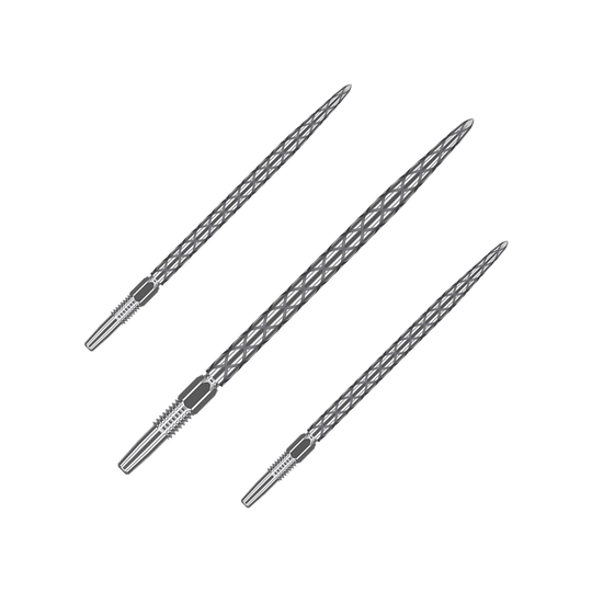 Target Swiss Diamond Pro Silver Points dart tips Auf dem Bild sind drei silberne Dartspitzen mit einem rautenförmigen Muster zu sehen. Sie sind nebeneinander angeordnet und haben eine Länge von 40 mm.
