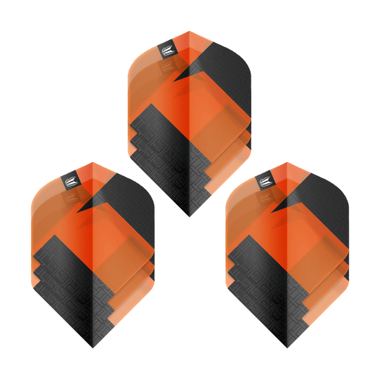 Standardní letky Target Pro Ultra TAG Orange No2 - 3 sady Das Bild zeigt drei Sets der Target Pro Ultra TAG Orange No2 Standard Flights. Die Flights sind in den Farben Orange und Schwarz gestaltet und haben ein geometrisches Muster.