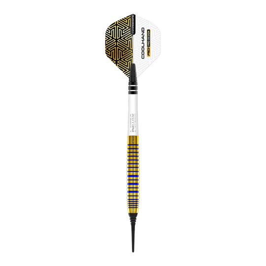 Šipky Red Dragon Luke Humphries TX3 Gold SE Softdarts - 20g Das Bild zeigt einen Red Dragon Luke Humphries TX3 Gold SE Softdart mit einem Gewicht von 20g. Der Dart hat ein auffälliges Design mit goldenen und schwarzen Akzenten und einer weißen Flight.