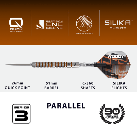 Dardos de acero Harrow Luke Woodhouse Serie 3 Quick Point Harrows Luke Woodhouse Series 3 Quick Point Steeldarts wird dargestellt. Das Produktbild zeigt Steeldarts aus der dritten Serie.