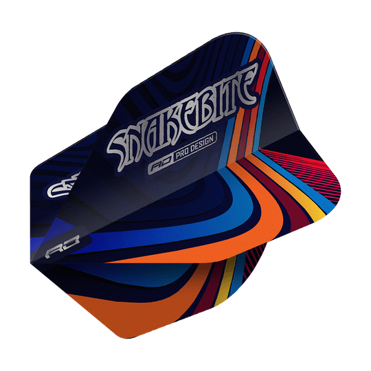 Letky Red Dragon Peter Wright Snakebite Multi Swirl č. 6 Das Bild zeigt ein Dartflight mit dem Namen "Red Dragon Peter Wright Snakebite Multi Swirl No6 Flights". Das Flight-Design ist bunt mit geschwungenen Linien in Blau, Orange, Rot und Gelb, und trägt die Aufschrift "Snakebite".