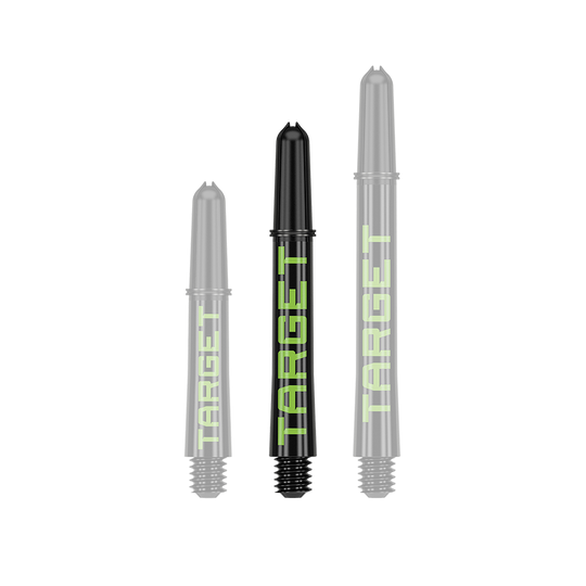 Tiges Target Pro Grip TAG - 3 jeux - Noir Vert Auf dem Bild sind drei schwarze Dartschäfte in verschiedenen Längen zu sehen. Auf jedem Schaft steht das Wort "TARGET" in grüner Schrift.