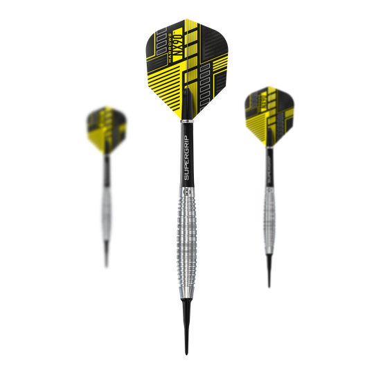 Freccette morbide Harrows NX90 Bomb Das Bild zeigt drei Harrows NX90 Bomb Softdarts mit schwarz-gelben Flights. Die Darts haben silberne, geriffelte Griffe und Spitzen aus Kunststoff.