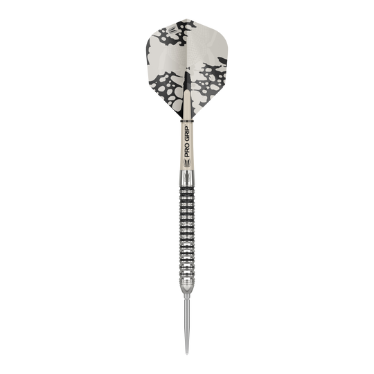 Dardos de acero Target EXO SP01 Swiss Point Das Bild zeigt einen Target EXO SP01 Swiss Point Steeldart. Der Dartpfeil hat ein schwarz-silbernes Design mit einer auffälligen schwarz-weißen Flight.