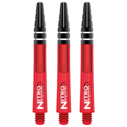 C449_Nitrotech_Medium_Red_V Das Bild zeigt drei rote RedDragon Nitrotech Shafts für Dartpfeile. Auf jedem Schaft steht in weißen Buchstaben "NITRO TECH".