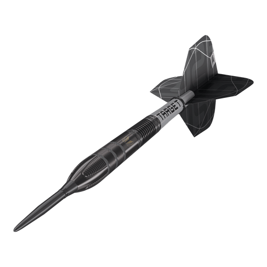 Ocelové šipky Target Nathan Aspinall X Echo Swiss Point Das Bild zeigt einen Target Nathan Aspinall X Echo Swiss Point Steeldart. Der Dartpfeil ist schwarz-silbern und hat ein modernes, auffälliges Design.