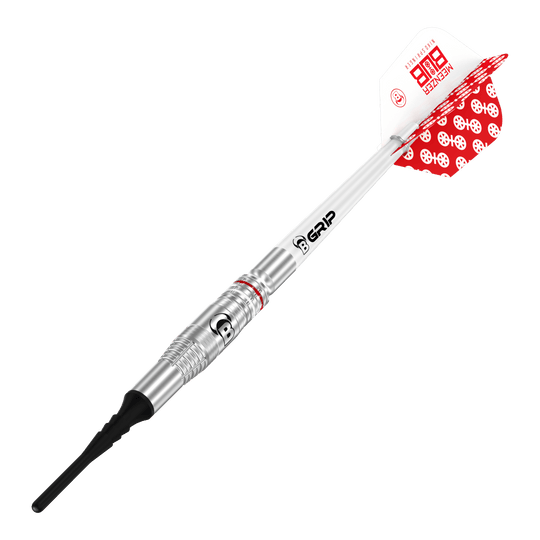 Bulls Niko Springer Softdarts - 22g Das Bild zeigt einen Bulls Niko Springer Softdart mit einem Gewicht von 22g. Der Dart hat einen silbernen Schaft, schwarze Spitze und weiße Flights mit rotem Muster.