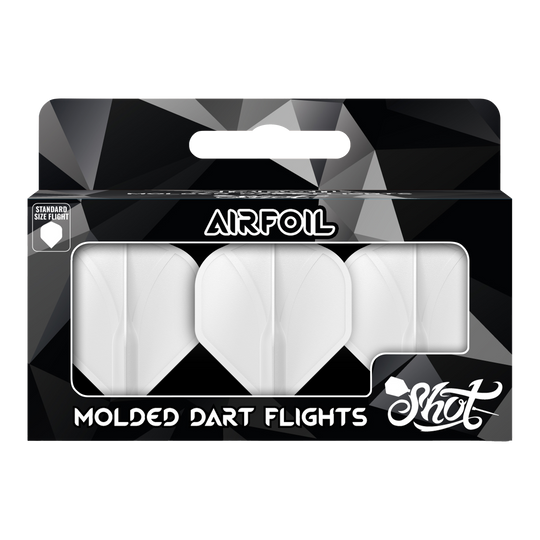Shot Airfoil Molded No2 Standard Flights Die Verpackung zeigt drei weiße, geformte Dart-Flights der Marke Shot. Auf der Vorderseite steht „Airfoil – Molded Dart Flights“ in großen Buchstaben.