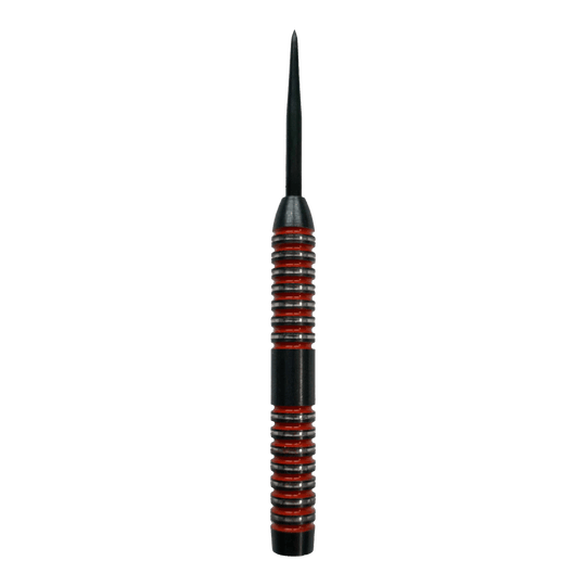 Sudy McDart Crimson Steeldart Das Bild zeigt einen McDart Crimson Steeldart Barrel mit schwarzem und rotem Design. Der Barrel hat eine gerillte Oberfläche für besseren Halt.