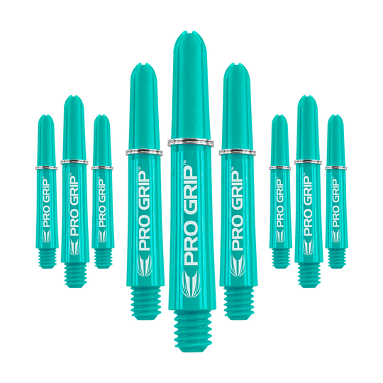 Target Pro Grip Shafts - 3 set - Aqua Das Bild zeigt neun türkisfarbene Dartschäfte mit der Aufschrift "PRO GRIP". Die Schäfte sind in einer Gruppe angeordnet und haben silberne Ringe.