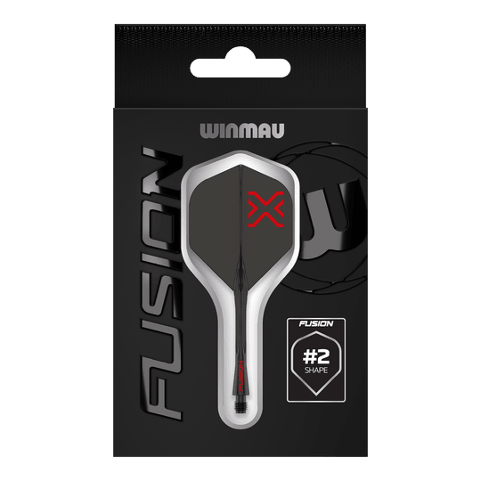 Winmau Fusion Blade X No2 Standard Flight-Shaft-System - Schwarz Das Bild zeigt das Winmau Fusion Blade X No2 Standard Flight-Shaft-System in Schwarz. Es verbindet ein Flight mit einem Schaft in elegantem, schwarzem Design.