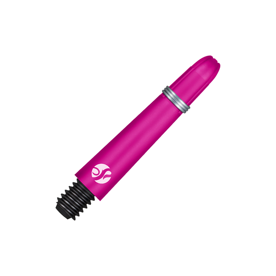 Shot Koi Carbon Shafts - Pink Das Bild zeigt einen pinkfarbenen Dartshaft mit Schraubgewinde. Der Schaft hat einen silbernen Ring und ein weißes Logo.