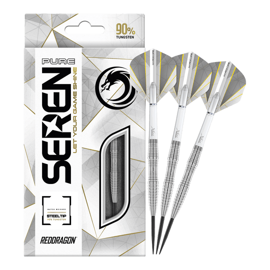 Red Dragon Seren 3 Pure Steeldarts Auf dem Bild sind die "Red Dragon Seren 3 Pure Steeldarts" zu sehen. Die Verpackung und drei silberne Steeldarts mit weißen Flights sind abgebildet.