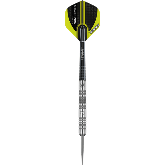 1443_Winmau_Michael_Van_Gerwen_MvG_Authentic_Steeldarts_1f2YRRNKDuH0eS Das Bild zeigt einen Winmau Michael Van Gerwen MvG Authentic Steeldart. Der Dartpfeil ist silberfarben mit schwarzen Akzenten und hat eine schwarz-gelbe Flight.