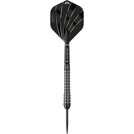 Lotki stalowe Mission Spiro Model 2 - 22g Dies ist ein Mission Spiro Model 2 Steeldart mit einem Gewicht von 22 Gramm. Der Dart hat ein modernes Design mit schwarzen und silbernen Akzenten.