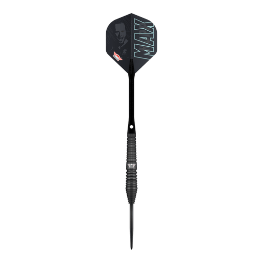 Die Bulls NL Max Hopp Black Steeldarts werden gezeigt. Die Darts sind als Set auf einem einfachen Hintergrund abgebildet.