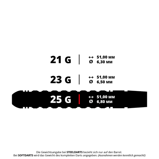 Fléchettes en acier Luke Woodhouse série 2 de Harrow Das Bild zeigt drei verschiedene Gewichte für Steeldarts: 21g, 23g und 25g, jeweils mit den entsprechenden Maßen. Für alle drei Varianten beträgt die Länge 51,00 mm, der Durchmesser variiert je nach Gewicht.