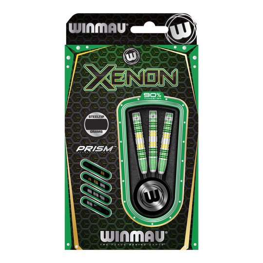 Freccette in acciaio Winmau Xenon Das Bild zeigt eine Packung Winmau Xenon Steeldarts. Die Verpackung ist überwiegend schwarz-grün und enthält drei Darts mit bunten Griffen.