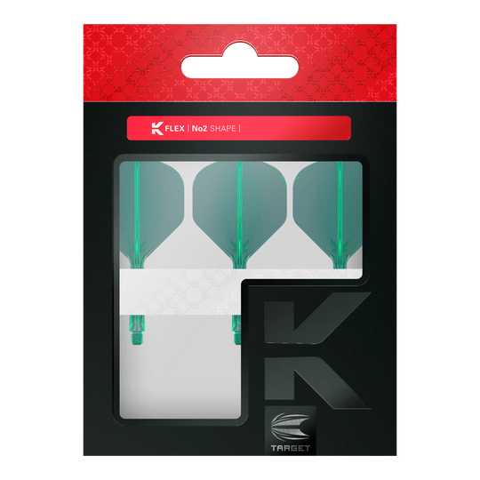Target K-Flex No2 Standard Flight System - Green Dies ist eine Packung mit drei grünen Dartflights der Marke Target. Die Verpackung ist schwarz mit einem roten oberen Rand und einem Sichtfenster.