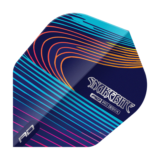 Letky Red Dragon Peter Wright Snakebite Multi No6 Das Bild zeigt einen bunten Dartflight mit geschwungenen Linien in Blau, Lila, Orange und Gelb. Auf dem Flight steht der Schriftzug "Snakebite" sowie "RD Pro Design".