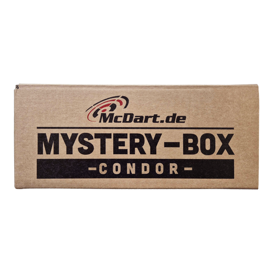 Scatola misteriosa McDart Condor Auf dem Bild ist ein brauner Karton mit der Aufschrift "McDart.de Mystery-Box - Condor -" zu sehen. Die Schachtel wirkt geheimnisvoll und lädt zum Entdecken ein.
