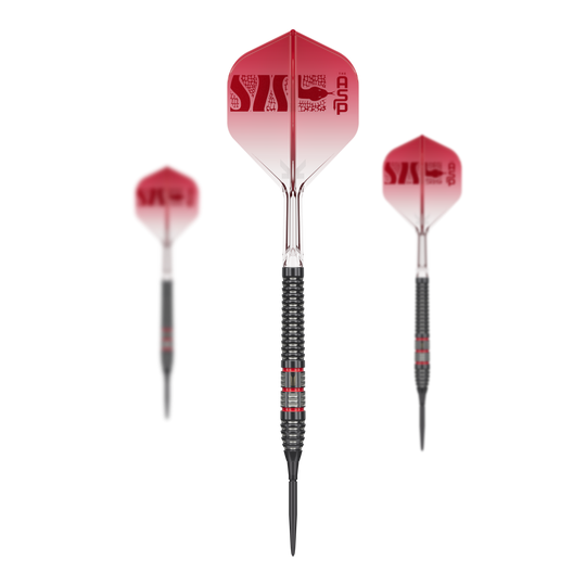 Das Bild zeigt ein Set der Target Nathan Aspinall 95K Swiss Point Steeldarts. Die gesamte Produktzusammenstellung ist sichtbar.