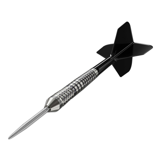 Dardos de acero Target Black Marque Renegade 4 Swiss Point Das Bild zeigt einen Target Black Marque Renegade 4 Swiss Point Steeldart. Der Dartpfeil hat eine silberne, gerillte Spitze und schwarze Flights.