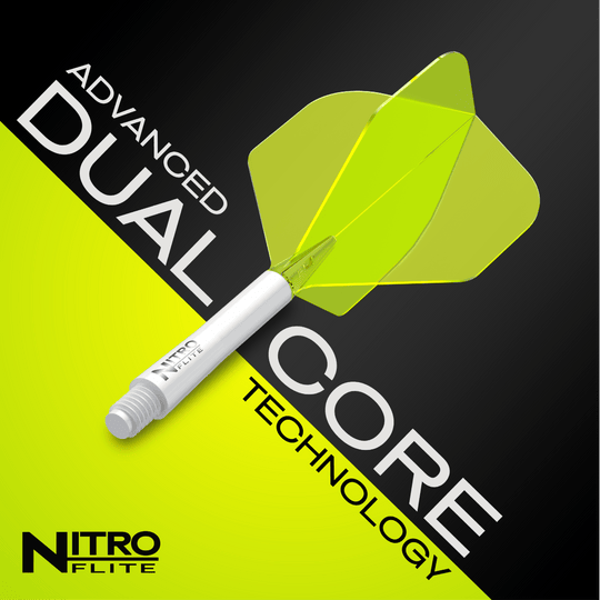 Nitroflite Red Dragon - Asta Bianca Gialla N. 2 Voli Das Bild zeigt das Produkt "Red Dragon Nitroflite - White Shaft Yellow No2 Flights" mit einem weißen Schaft und gelben Flights. Im Hintergrund steht der Text "Advanced Dual Core Technology".