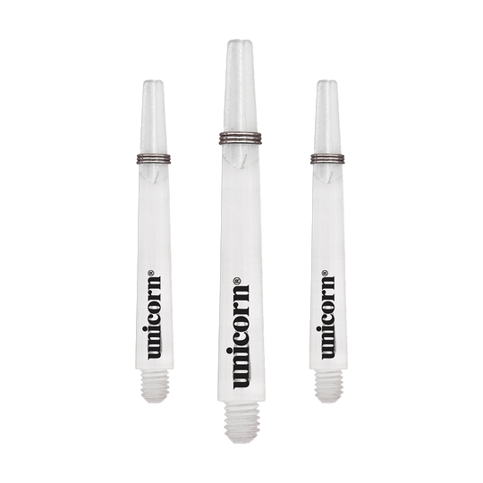 Unicorn Gripper 3 Mirage Shafts - Trasparente - 44,2 mm Das Bild zeigt drei transparente Unicorn Gripper 3 Mirage Shafts mit einer Länge von 44,2 mm. Auf jedem Schaft steht das Wort "unicorn" in schwarzer Schrift.