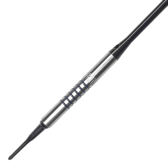 Dardos blandos McDart 85 Tungsten V19 - 16,5 g Dies ist ein McDart 85er Tungsten V19 Softdart mit einem Gewicht von 16,5g. Der Dart hat einen silbernen Barrel mit schwarzen Rillen und einer schwarzen Spitze.