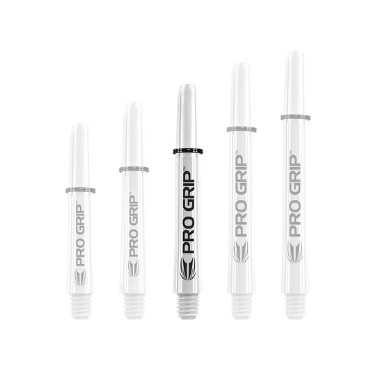 Das Bild zeigt fünf weiße Dartschäfte mit der Aufschrift "PRO GRIP". Sie sind in einer Reihe nach ihrer Länge sortiert.