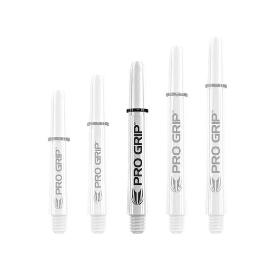 Target Pro Grip Shafts - 3 Sets - White Das Bild zeigt fünf weiße Dartschäfte mit der Aufschrift "PRO GRIP". Sie sind in einer Reihe nach ihrer Länge sortiert.