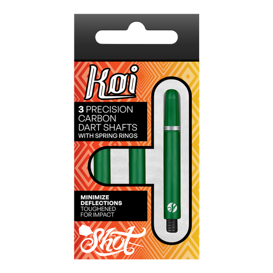 Shot Koi Carbon Shafts - Grün Die Verpackung zeigt drei grüne Präzisions-Carbon-Dartschäfte mit Federringen der Marke Koi. Sie sind darauf ausgelegt, Ablenkungen zu minimieren und sind für hohe Belastungen verstärkt.